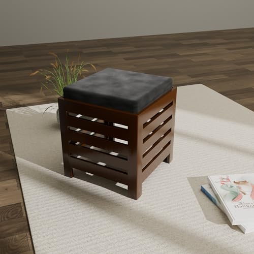 Image of ETIQUETTE ART Cushion Wooden Stool | Foot Stool | Fruit Square Table | Office Bedside Table | For Kitchen With Cotton Cover (Brown & Black), 30 Cm X 30 Centimeters