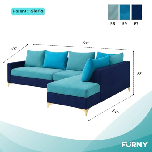 Image of FURNY Gloriss 6 Seater Fabric RHS L Shape Sofa Set with Multi-Color Aqua Blue Cushions (Sky Blue-Dark Blue) Premium Velvet Finish with Golden Legs | Ideal for Living Room, Offices