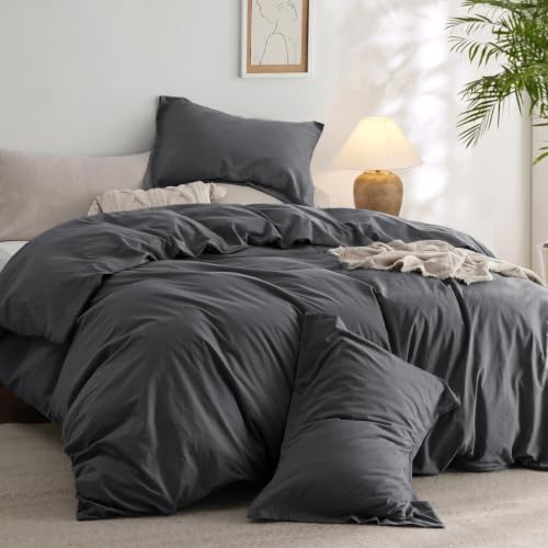 Image of Bedsure PureWoven Cotton Comforter Set Prewashed, King, Charcoal Grey | Cotton Fabric, Microfiber Inner Fill, Soft, Breathable, Natural Wrinkle, 1 Comforter(104 inch X 90 inch), 2 Pillow Shams(20 inchx26 inch)