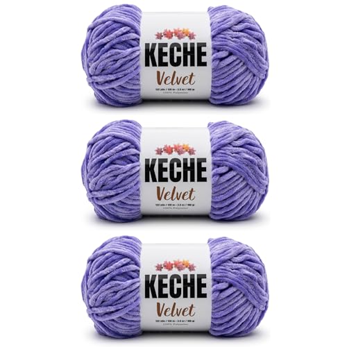 Image of Keche Velvet Yarn for Crocheting, Soft Chenille Bulky Baby Blanket Amigurumi Yarn 100 gr (132 yds) 3 Skeins - Lavender