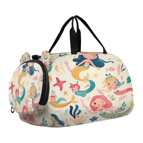 Gym Travel Duffle Bag for Boys Girls Cute Mermaids and Friends Sports Dance Bag with Shoe Compartment & Wet Pocket Football Kids Travel Bag Teens Sleepover Carry