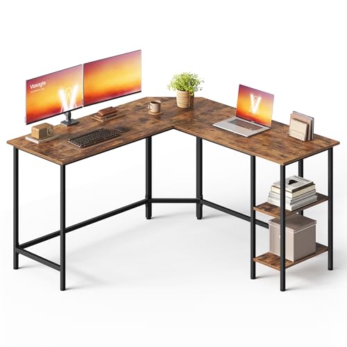 VASAGLE Bureau d'Ordinateur en Forme de L, 140 x 140 x 76 cm, Bureau d'angle avec 2 Étagères, Gain de Place, pour Jeu, Marron Rustique et Noir d'encre LWD72XV2