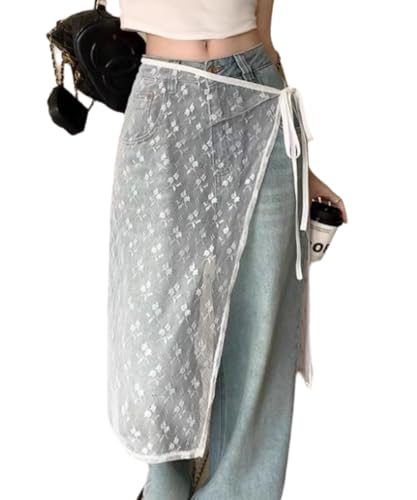 YEMOCILE Women's See Through Bow Lace Skirt Tie Up Mesh Midi Skirt Sheer Hip Covering Skirts