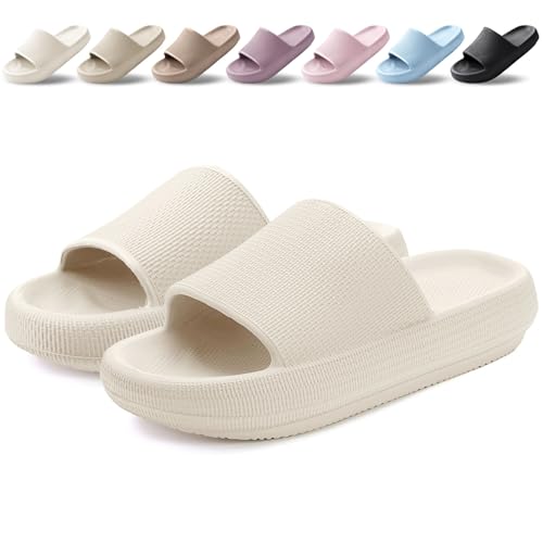 BAXIWUY Claquettes Femme Chaussons Hommes Pantoufles de Douche Antidérapant Léger Semelle Épaisse Amorti Soft Tongs Sandales Confortable Piscine Plage Maison Sliders Beige, 46-47 EU