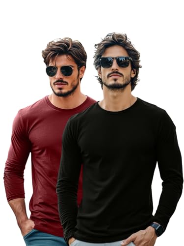 Image of Veirdo Pure Cotton Round Neck Regular Fit Solid Full Sleeve T-Shirt Combo for Men & Boys (Pack of 2 Available in Size S to 2XL)