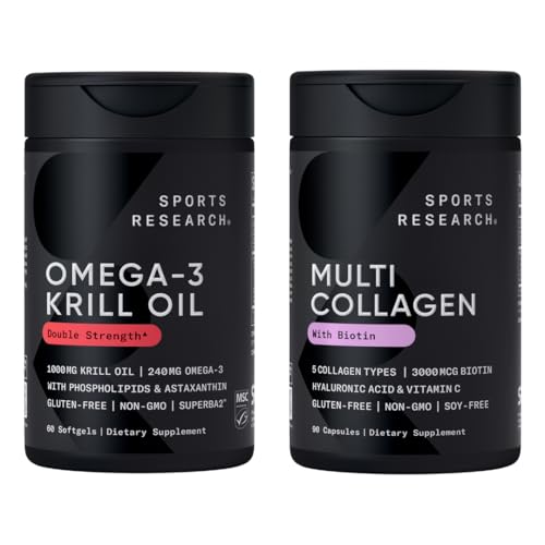 Sports Research® - 1000mg Krill Oil Supplement with EPA & DHA Omega-3, Phospholipids & Astaxanthin from Antarctic Krill + Biotin-Infused Collagen Peptides Compl