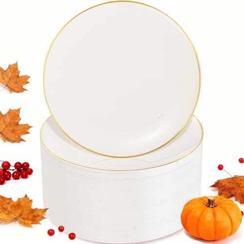 Nervure 100Pcs Ivory and Gold Plastic Plates - 7.5inch Disposable Ivory Dessert/Salad Plates - Heavy Duty Plastic Plate Ideal for Wedding & Party & Thanksgiving Nervure 100Pcs Ivory and Gold Plastic Plates - 7.5inch Disposable Ivory Dessert/Salad Plates - Heavy Duty Plastic Plate Ideal for Wedding & Party & Thanksgiving