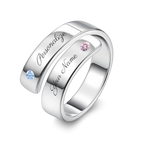 OTXIXTO Anillo Personalizado de Plata de Ley 925 con Nombre/Fecha Grabado con Piedras de Nacimiento Personalizadas para Mujer, Amiga, Compromiso de Boda, Anillo de Promesa Ajustable