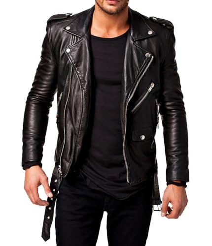 Image of DECIMAL Men's Black REAL Lambskin Leather Biker Jacket VINTAGE GENUINE MOTORCYCLE JACKETS FOR MEN