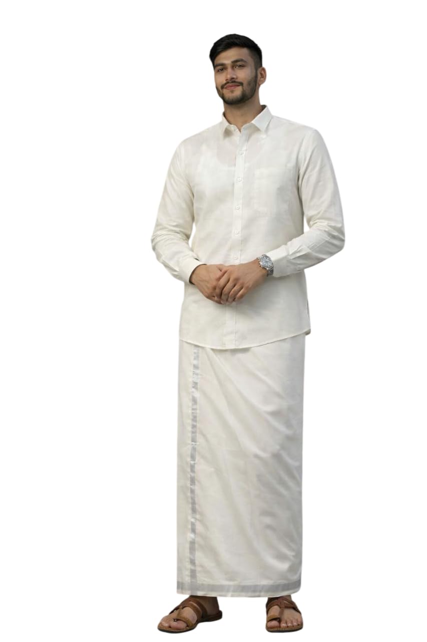 Men's Traditional Shirt and Dhoti Set, Full Sleeves Tissue Silk Cotton Shirt With Dhoti-image-34