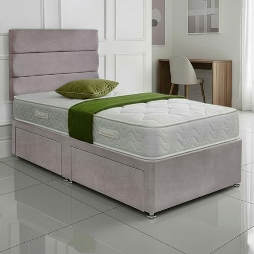 SANA SLEEP Single Bed with Orthopaedic Mattress & 2 Drawers - 3FT (silver Fabric) - Stylish Divan Set for Comfortable Living - Durable Frame for Cosy Bedrooms - Luxurious Bed for Modern Homes
