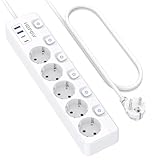 9-in-1 Steckdosenleiste einzeln schaltbar, 5-Fach Mehrfachsteckdose mit 4 USB-Ports(3680W,16A), 1050J Überspannungsschutz, Wandmontage, 2m Verlängerungskabel, Ideal für zu Hause, Büro und Reisen, Weiß