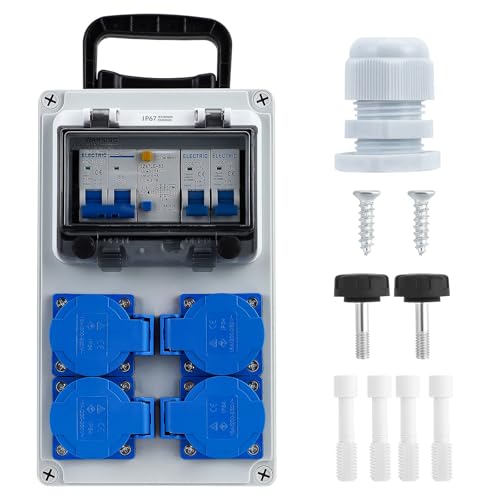 Eirolace Répartiteur de courant de chantier IP67 - Répartiteur de courant fort 32 A/16 A avec interrupteur FI et prise FI, 4 prises Schuko, pré-câblé pour l'industrie, l'extérieur et la construction