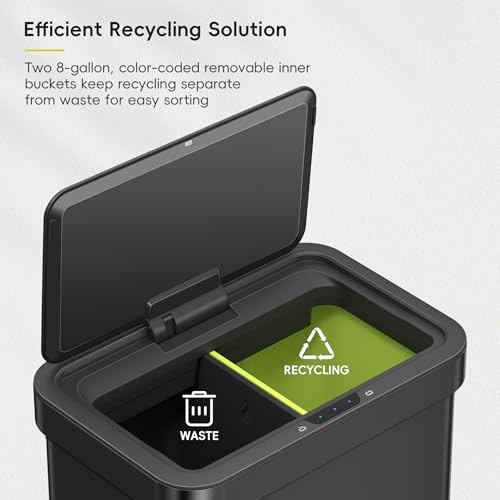 EKO Econova 30L+30L Dual Compartment Motion Sensor Trash Can,16 Gallon Automatic Kitchen and Recycling Bin, Soft-Close Lid, Stainless Steel Garbage Bin, 2 Inner Buckets, Matte Black by EKO - Used condition - Image 5