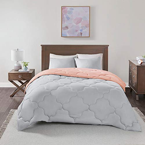 Comfort Spaces Vixie Reversible Comforter Set - Trendy Casual Geometric Quilted Cover, All Season Down Alternative Cozy Bedding, Matching Sham, Coral/Gray, Twin/Twin Xl 2 Piece #TOP4
