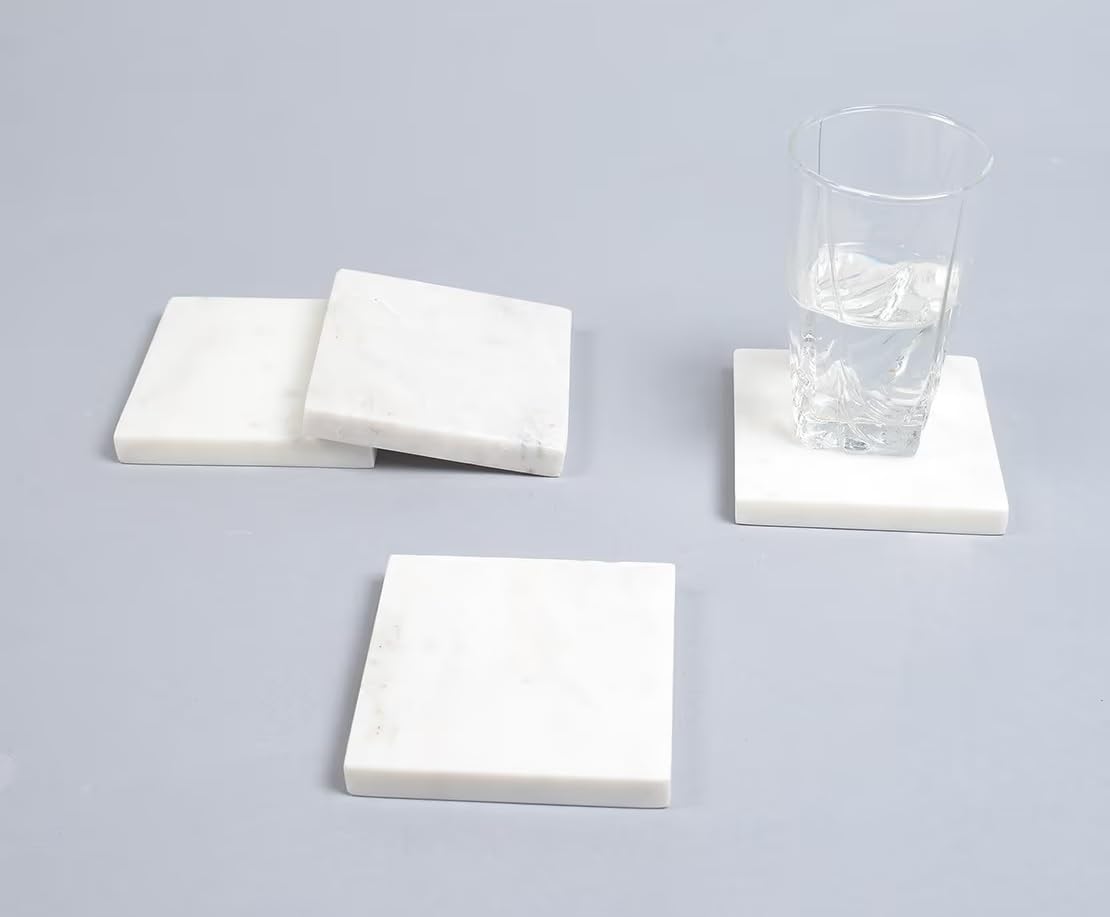 Luxury White Marble Coasters Set of 4-10cm Square Handcrafted Stone Drink Mats | Elegant Natural Veined Marble Table Protectors for Coffee Mugs, Wine Glasses & Home Decor | Premium Wedding Gift Set-image-30