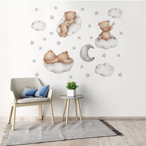 Tedy Bear Wall Decor, Tedy Bear Sleeping On The Moon And Stars Wall Stickers Cartoon Cute Tedy Bear Decals Extra Stars Wall Decor For Kids Baby Room Interior Nursery Tedy Bear Decoration #TOP5