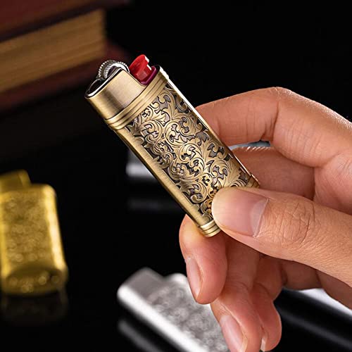 Etui na zapalniczkę w stylu vintage do mini zapalniczki BIC, przenośna osłona na zapalniczkę, metalowa, retro, osłona z łańcuszkiem, grawerunek, wielokrotnego użytku, regularna, 6 cm x 2,4 cm