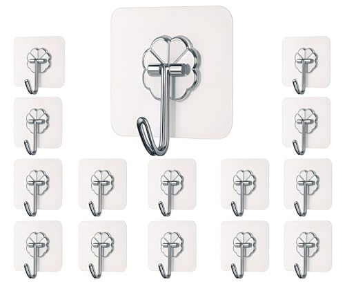 Image of Self Adhesive Hooks for Wall Heavy Duty - 10kg Load Capacity Waterproof Transparent Wall Hooks for Hanging - No Drilling Nail (ProHold Hoo (Flower Hook Pack 15)