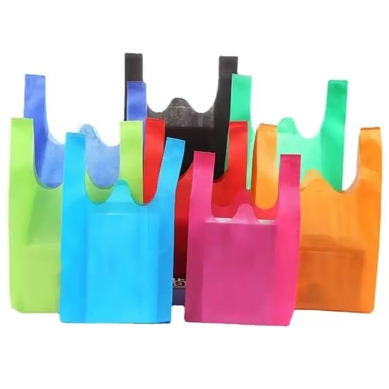 W-Cut Cloth Carry Bag | Reusable Shopping Grocery Carry Bags with Sturdy Handle | Lightweight Washable Multipurpose Storage & Packaging Bag | Multicolor | Pack of 25