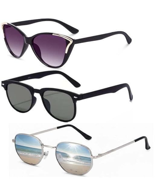 Y&S Unisex Goggle Combo| Combo Offer Pack of Branded Latest Stylish| Black Cateye Black Round Silver Hexagonal for Men and Women with Box|3-1261