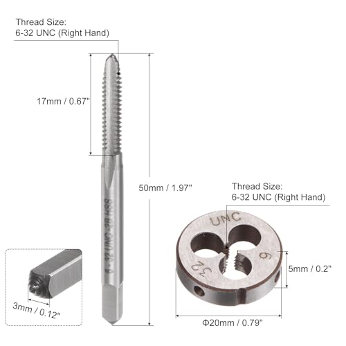 QUARKZMAN 3-teiliges Gewindebohrer- und Schneideisen-Set, 6-32 UNC Gewindebohrer & Rund-Schneideisen, Gewindeschneidwerkzeug-Set für Muttern, Schrauben und Gewindereparatur