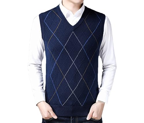 Rfmfkkg Men V-Neck Sleeveless Vest Casual Argyle Knitted Cashmere Wool Sweater Vest