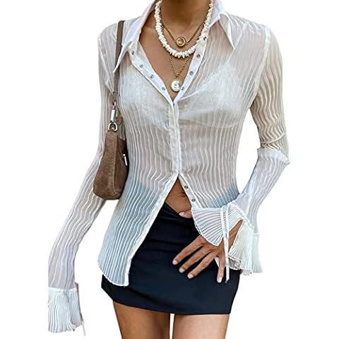See Through Blouse for Women, Sexy See Through Tops Long Sleeve Mesh Sheer Shirts Ultra Thin Shirts Summer Streetwear Cover