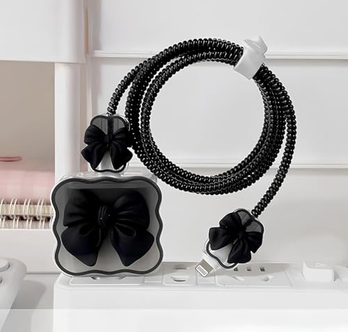 Image of Skysia Cute Bow Design 4-in-1 Charger Case for Apple 18W & 20W - Transparent Cable Protector, Charger Cover & Spiral Wire Saver, Full Protection (Multi-Colored Black)