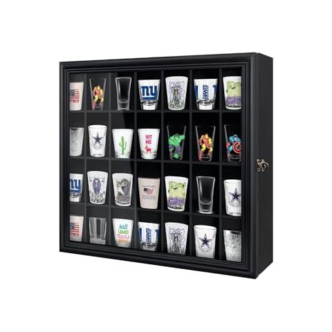 ILOT Shot Glass Display Cabinet Solid Wood - Large Display Case for Collectibles | Man Cave Accessories | UV Protection Acrylic Door | Wall Mounted Black Shadow Box | 28 Divided Slots (18 x 16 Black) Cover