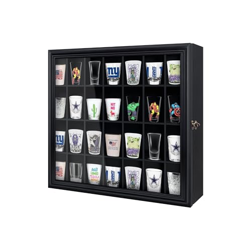 ILOT Shot Glass Display Cabinet Solid Wood - Large Display Case for Collectibles | Man Cave Accessories | UV Protection Acrylic Door | Wall Mounted Black Shadow Box | 28 Divided Slots (18 x 16 Black)