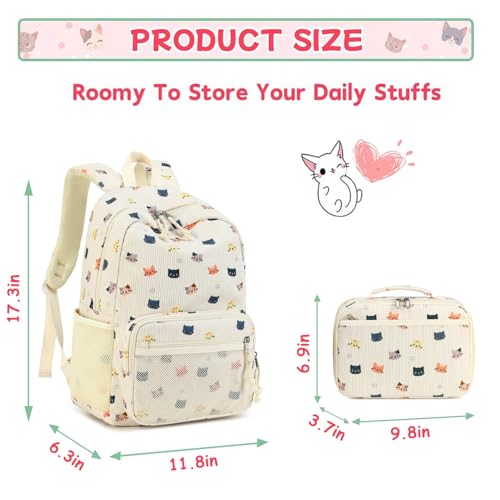 JIANYA Kids Backpack for Girls, Lightweight Girls Backpack with Lunch Box, Elementary School Bag Set, Cute Cat Beige4