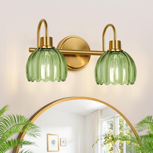 Image of 2-Light Bathroom Vanity Light, Brushed Gold Vanity Wall Light Over Mirror with Ribbed Green Tulip Glass Shade, Bathroom Light Fixtures for Bedroom, Living Room, Hallway