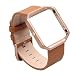 V-Moro for Fitbit Blaze Band, Small Leather Bracelet Strap Replacement Band with Metal Frame For Fitbit Blaze Smart Fitness Watch (Camel Band + Rose Gold Frame-Small)