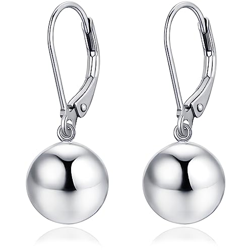 Fashion Ball Dangle Drop Earrings for Women, 925 Sterling Silver Leverback Earrings White Gold Plated Small Round Balls Earring Jewelry