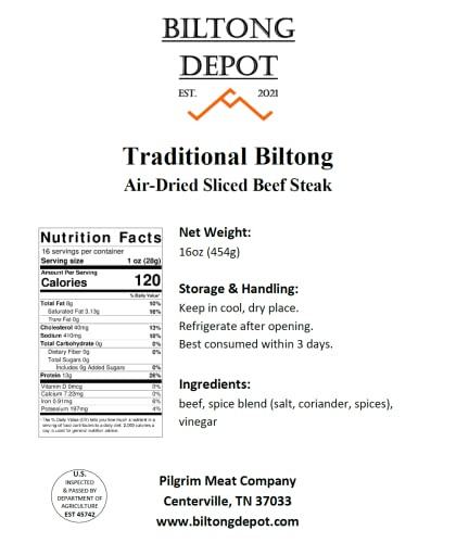 Biltong Depot - Traditional Beef Biltong (With Fat) 1Lb (16Oz) Paleo And Keto Friendly/No Preservatives, No Msg, No Gluten, No Nitrates, No Preservatives #TOP4