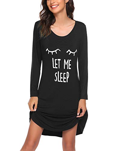 Hotouch Women's Night T Shirt Long Sleeve Night Gown Sleep Shirts Cute Print Nightdress Black XXL