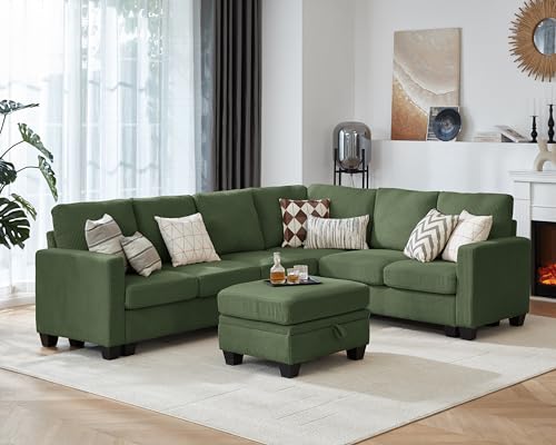 Image of CHIC HOUSE Modular Corner Sectional Sofa with Storage Ottoman, Corduroy L-Shaped Couch, Compact Small Space Furniture for Living Room & Apartment, (Green, 7 Seater L-Shaped)