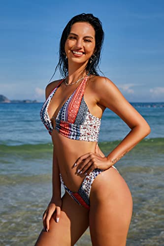 Zaful Women Ribbed Tribal Print Halter Bikini Swimwear, O-Ring High Cut Padded Cheeky 2 Pieces Swimsuit (Multi-Tribal Print M) #TOP1