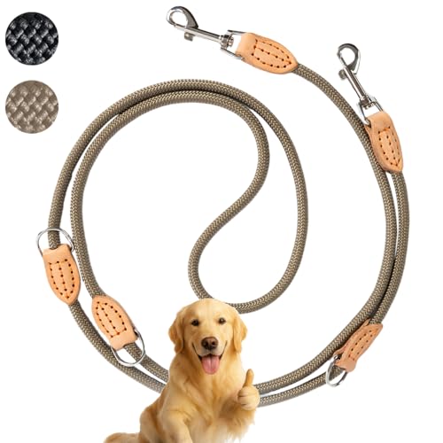 LeileiPaws 3 m Verstellbare Multifunktions-Hundeleine aus Nylon & Leder – Führ-, Schulter- & Hüftleine für kleine bis große Hunde – Robust für Training, Spaziergang & Joggen (Kaki, 3m x 1.2cm)