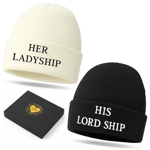 Jadive 2 Pack Couple Beanie Hats, His Lordship and Her Ladyship Couples Gifts, His and Hers Beanie Hats with Box as Christmas Valentine's Day Wedding Anniversary for Couples and Newlyweds