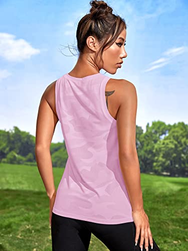 Oyoangle Women's Camo Print Sleeveless Workout Shirts Exercise Running Tank Tops Active Gym Tops Light Pink Large #TOP1