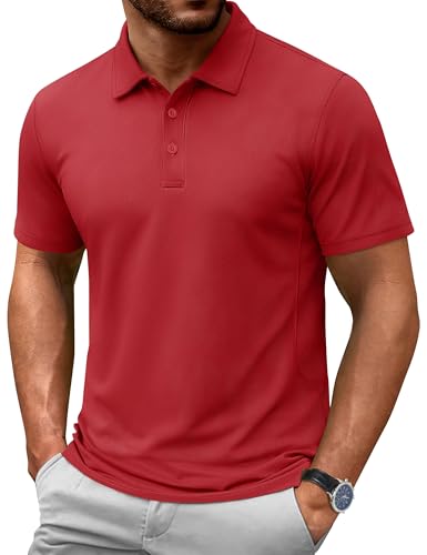 Cotrasen Mens Polo Shirts Short Sleeve Cotton T-Shirt 3 Buttons Casual Stylish Soft Breathable Golf Shirt Tomato Red M
