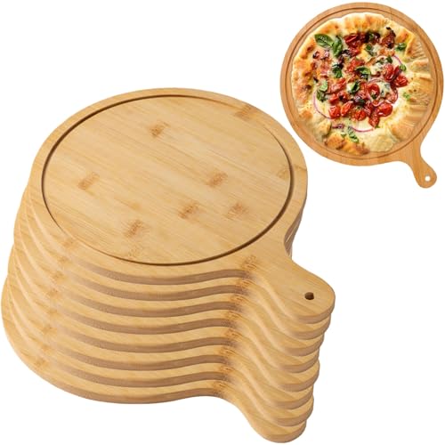 Juego de platos de pizza de madera de alta calidad de 13 pulgadas con ranuras y asas a prueba de derrames, bandeja de cocina versátil de madera natural fácil de limpiar, ideal para servir pizza y