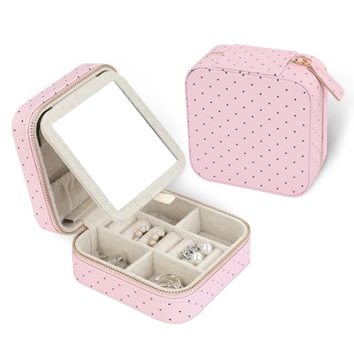 HDE Girl's Travel Jewelry Case Faux Leather Mini Organizer Box with Mirror Gift - Pink Polka Dots