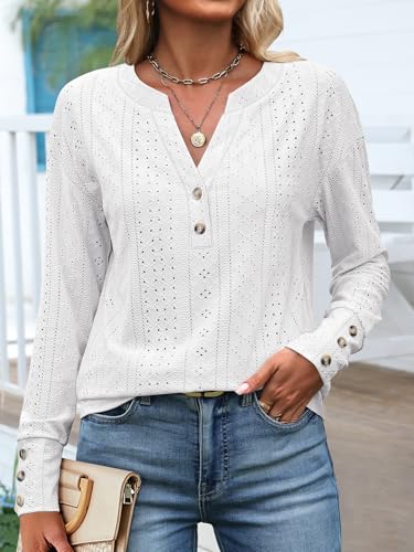 ANRABESS Womens Eyelet Tops Long Sleeve Henley Shirts Business Dressy Casual Blouse Vacation T-Shirt 2025 Fall Outfits