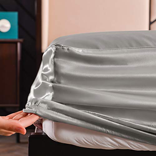 Thxsilk 7A+ Silk Fitted Sheet, 1 Fitted Sheet Only, 100% Mulberry Silk Bottom Sheet, Silk Bed Sheet With Deep Pocket 16", Machine Washable, Durable, Queen Size, Grey #TOP3