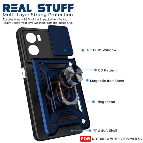 Image of Armor Bumper Back Cover Case for Motorola Moto G06 Power 5G Rotating Camera Cover, Ring Holder & Kickstand | Heavy Duty & 360 Degree Protection Motorola Moto G06 Power 5G Back Cover (Blue)