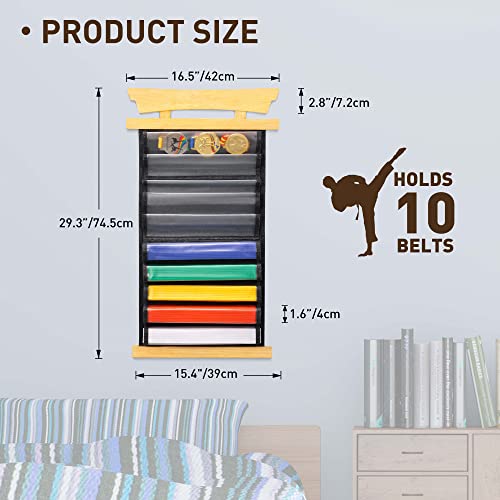 Tilhumt 10 Belts Karate Belt Display Rack, Felt Martial Arts Belts Holder With Dust Cover, Bamboo Taekwondo Belt Display Organizer Storage #TOP1