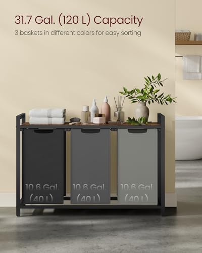 Image of VASAGLE Laundry Hamper, Laundry Basket, Laundry Sorter with 3 Pull-Out and Removable Bags, Shelf, Metal Frame, 3 x 10.6 Gallons (40 L), 36.4 x 13 x 28.4 Inches, Tricolor and Rustic Brown UBLH301X01